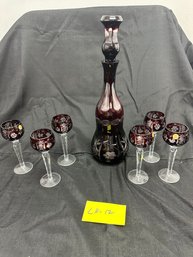 Red Bohemian Cut Glass Decanter And 6 Glasses, Made In Poland, New Old Stock