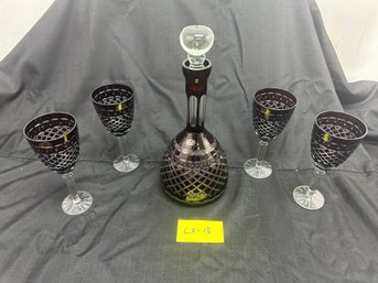 Ruby Red Bohemian Cut Sorelle Decanter Adn 4 Glasses, New Old Stock