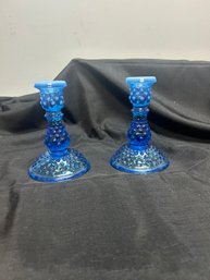 Blue Candlesticks  -- Fenton Blue Opalescent HobnaiL??
