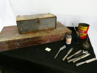 Pair Of Vintage Wooden Boxes And Selection Of Old Oil Cans And Knives