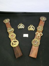 Great Lot Of Old Harness Brass With Leather Straps