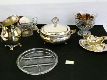 Clean Lot Of Silverplate And Glass Servingware With An Assortment Of Glass And Stone Objects