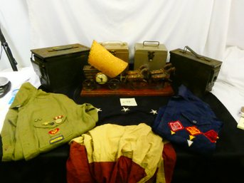 Nice Lot Of Metal Boxes, Including 2 Ammo Boxes, Boy Scout Items And More