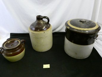 (Lot Of 3) Stoneware Items - Beanpot / Jug (13'H) / Covered Crock (11'H)