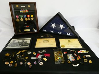 Large Military Lot! - Framed Shadow Box Of Military Medals / Service Flag / Box Lot Of Insignia  Framed Items