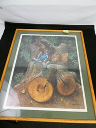 Large Framed Signed Art - Bluejay On Stump By Stevan Dohanos