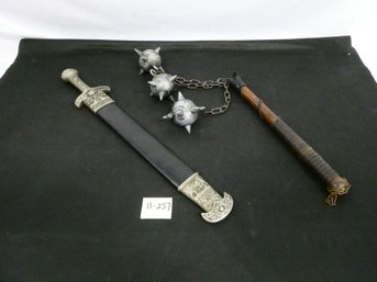 (Lot Of 2) Replica Battle Weapons - Short Sword And Flail --both Heavy Metal