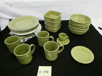 Set Of Green Longaberger Pottery Dishes