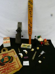 Interesting Lot Of Items! Frat Paddle From 1953 - 1954, Burlap Bag, Bottle Pouring Tops And More!