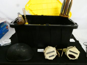 Tub Lot Of Mixed Vintage Items! Motorcycle Helmet, Drill Bits. Oil Cans, And Lots More.