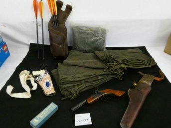 Toy Guns, Holsters, Hohner Harmonica, And 4 Large Camouflage Nets? Nets Approx 58x33