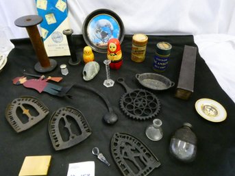 Nice Lot Of Vintage Items! Nesting Dolls, Worlds Fair Tray, Iron Stands And So Much More.