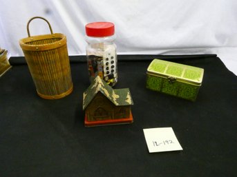 Buttons And Tins! Small Lot Of 2 Tins, A Wall Basket, And A Jar Of Buttons.