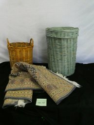 (Lot Of 3) Two Wicker Baskets And A Nice Woven Rug