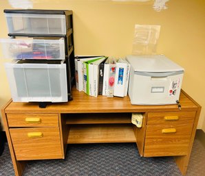 Desk With Office Supplies, Binders, Filing Cabinet