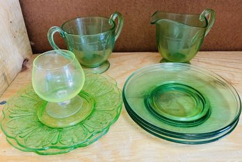 Green Uranium Glass Plates And Cup With Sugar And Creamer