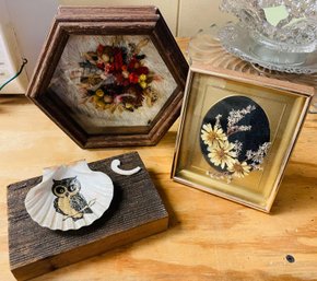 Pretty Framed Floral Arrangements And A Cute Owl Shell Design