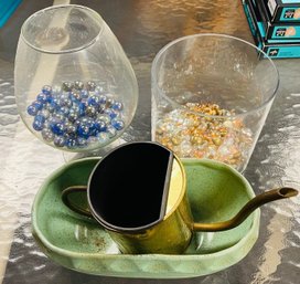 Glass Vases With Marbles And A Ceramic Planter And Watering Can...