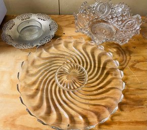 Pretty Platters - 3 In Total.  2 Glass And One Is Metal With Glass Center