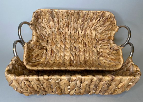 Two Nesting Woven Handled Rattan Baskets