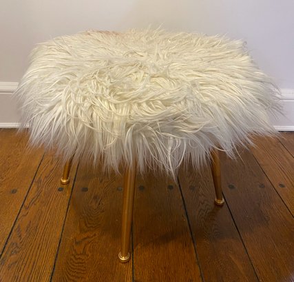 Three Hands Faux Fur White Stool With Brushed Gold Legs