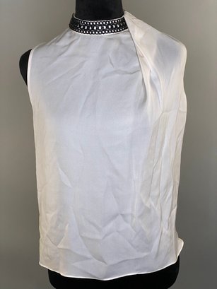 Robert Rodriguez Size 0 Sleeveless Silk Top In Ivory With Black Chain Detail Along The Collar-Brand New