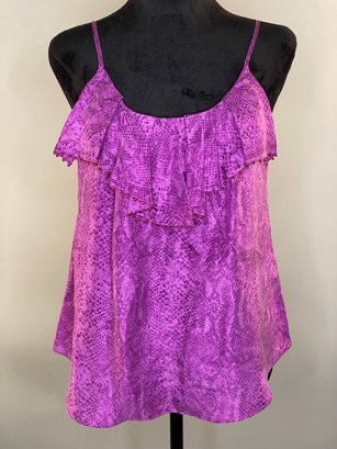 Rebecca Taylor Size 0 Spaghetti Strap Silk Ruffle Front Top In Purple Snake Print With Bead Detail