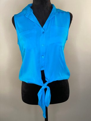Theory Size Petite Sleeveless Button Front Tie Silk Top In Turquoise