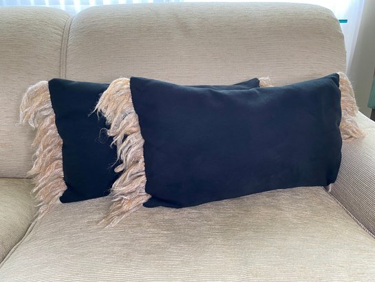 Two Ultrasuede Throw Pillows In Black With Natural Yarn Fringe
