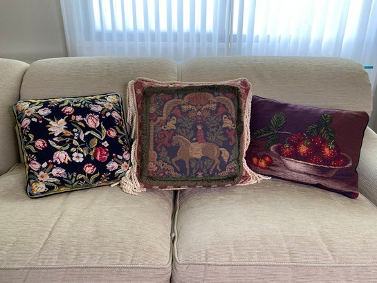 Three Throw Pillows, Two Needlepoint, One Tapestry