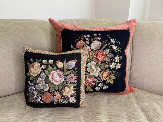 Pair Of Floral Tapestry Throw Pillows With Velvet Backing