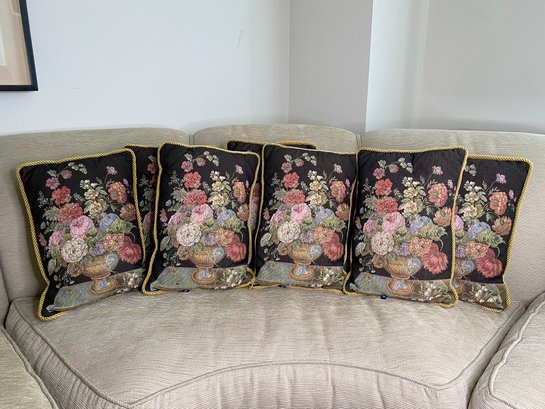 Eight Dakotah Floral Tapestry Throw Pillows With Urn Design And Gold Rope Edging