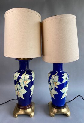 Pair Of Blue Blue Baluster Vases With Orchid Motifs Now Lamps Mounted On Brass Bases