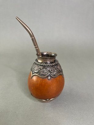 925 Silver Mounted Gourd Mate Cup And Bombilla Straw