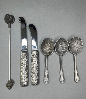Group Of Serving Spoons, Pair Of Stainless Knives, And A Seashell Candle Snuff
