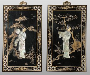 Pair Of Lacquered, Painted And Mother-of-pearl Mounted Decorative Panels, Made In Hong Kong