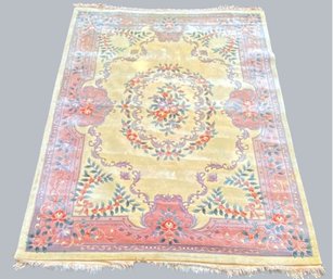 Chinese Hand Knotted Wool Rug With  Ivory Ground And Purple And Pink Green Floral Decoration