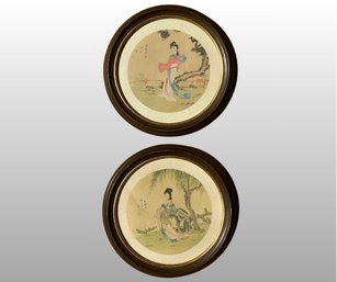 Pair Of Circular Chinese Watercolor Paintings Or Framed Hand Painted Fans