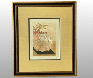 Cat At A Coi Pool, Japanese Woodblock Print