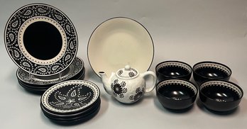 Set Of Target Home Stoneware Paisley Plates And Bowls With Similar Style Tea Pot And Serving Dish