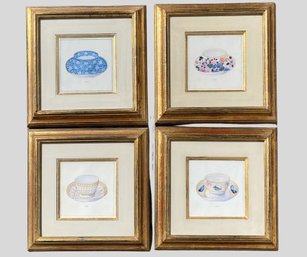 Set Of Four Reproduction Art Prints Of Elegant Teacups In Gilt Frames