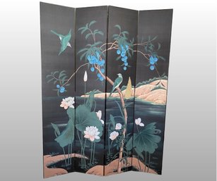 Chinese Four Panel Hand Painted Screen With Birds And Floral Decoration, Circa 1981