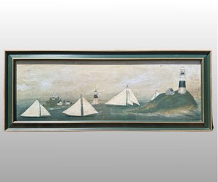 Folk Art Style Framed Art Print Of Light House And Sailboats On The Water Scene
