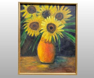 Daisy Wynn, Sunflowers In A Vase, Oil On Canvas