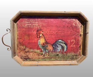 French Country Style Painted Wood Tray With Rooster Decoration