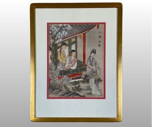 Chinese Hand Colored Woodcut On Paper 'Geishas In A Small Pavilion'