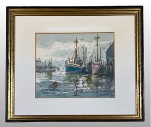 Brian Truelove (scottish, 20th Century), Harbor Scene, Watercolor On Paper