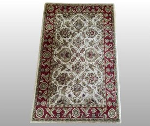 Indian Hand Made Wool Rug In Ivory And Red