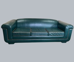 Streamlined Green Faux Leather Sofa With Beige Contrast Piping