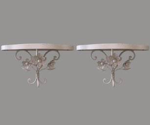 Pair Of White Painted Metal Wall Sconces With Floral Decoration